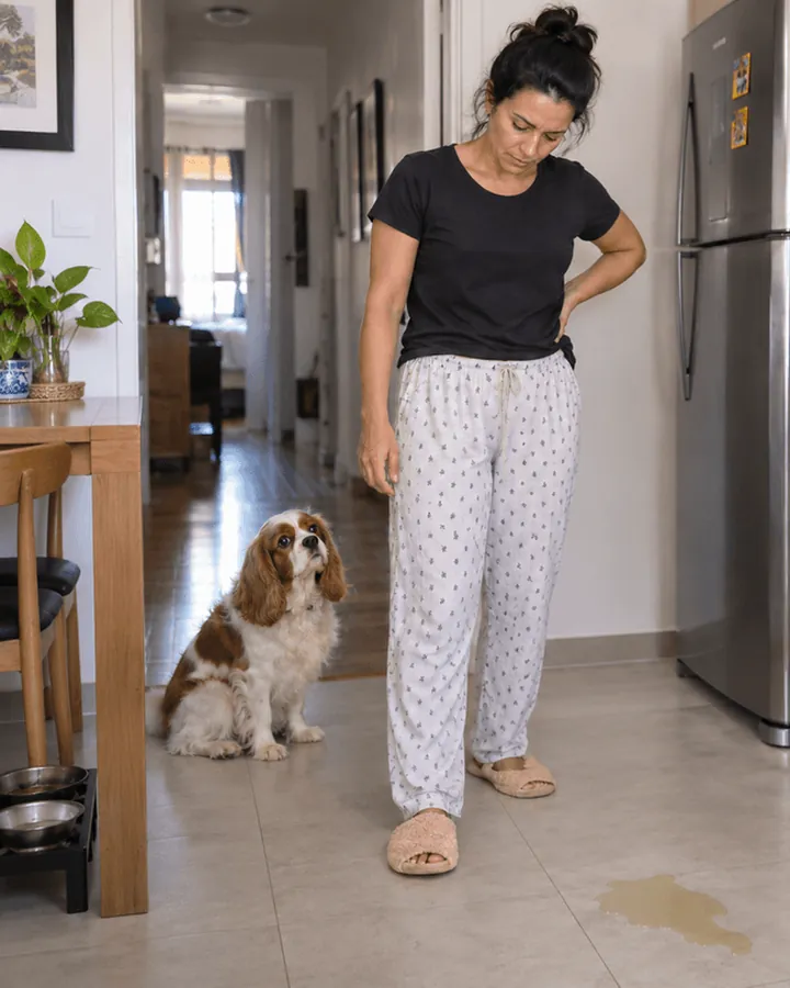 Tutora na cozinha ao lado do cão, com xixi no chão de casa